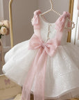 Rochie alba eleganta din tull glitter si fundite roz pentru fete - Moon