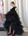 Rochie lungă neagră cu trenă din tulle și bust din catifea pentru fetițe - Athena