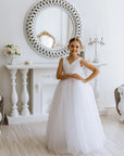 Rochie alba lunga eleganta pentru fete, din tulle cu perle - Odette