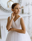 Rochie alba lunga eleganta pentru fete, din tulle cu perle - Odette