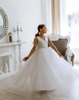 Rochie alba lunga eleganta pentru fete, din tulle cu perle - Odette