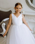 Rochie alba lunga eleganta pentru fete, din tulle cu perle - Odette