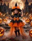 Rochie Halloween din paiete negre, tul negru si portocaliu + pălărie pentru fete – Isadora