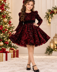 Rochie roșie elegantă din paiete pe catifea cu mânecă lungă și fundă neagră pentru fete - Lois