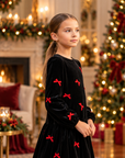 Rochie casual din catifea neagră cu fundițe pentru fete - Maisy