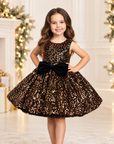 Rochie elegantă din paiete aurii și negre pe catifea cu fundiță pentru fete - Millie