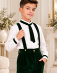 Costum elegant cu pantalon din catifea verde și cămașă cu dantelă brodată pentru băieți - Peter