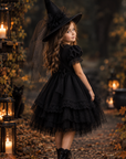 Rochie Halloween neagra accesorizata cu dantela + pălărie pentru fete – Salem