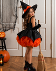 Rochie Halloween neagra cu flori portocalii handmade pentru fete + palarie - Spooky
