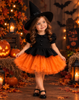 Rochie Halloween neagra si tul portocaliu glitter + pălărie pentru fete – Vesper