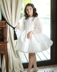 Rochie alba eleganta din dantela si tafta cu maneci evazate pentru fete - Scarlett