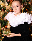 Rochie neagra eleganta din catifea si volan din organza alb pentru fete - Nancy