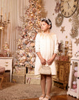 Rochie vintage din stofa tweed bej si fulgi naturali pentru fete - 2-3 ani - LIVRARE 24H
