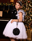 Rochie eleganta din catifea neagra si tulle alb cu flori 3D pentru fete - 8 ani - LIVRARE 24H