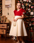 Rochie vintage din stofa tweed bej si catifea rosie pentru fete - Lina