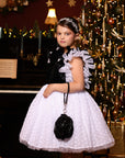 Rochie eleganta din catifea neagra si tulle alb cu flori 3D pentru fete - 8 ani - LIVRARE 24H