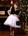Rochie eleganta din catifea neagra si tulle alb cu flori 3D pentru fete - 8 ani - LIVRARE 24H