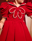Rochie rosie eleganta din catifea si perle pentru fete - Zayla
