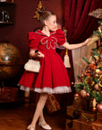 Rochie rosie eleganta din catifea si perle pentru fete - Zayla