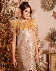 Rochie aurie eleganta din dantela cu paiete si fulgi naturali pentru fete - 6 ani - LIVRARE 24H