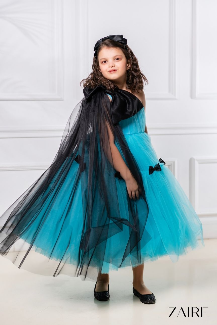 Rochie Turquoise Eleganta fete, cu fundite negre - Annabelle