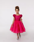 Rochie fuchsia eleganta din dantela si organza pentru fete - Agata