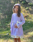 Rochie lila casual din stofa cu fundite si dantela alba pentru fete - Viky