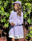 Rochie lila casual din stofa cu fundite si dantela alba pentru fete - Viky
