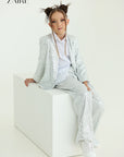 Compleu argintiu elegant din paiete pentru fete, sacou si pantalon evazat - Alida