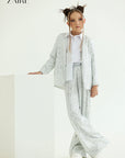 Compleu argintiu elegant din paiete pentru fete, sacou si pantalon evazat - Alida