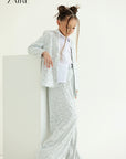 Compleu argintiu elegant din paiete pentru fete, sacou si pantalon evazat - Alida