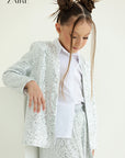 Compleu argintiu elegant din paiete pentru fete, sacou si pantalon evazat - Alida