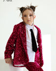 Compleu fuchsia elegant din paiete pentru fete, sacou si pantalon evazat - Astrid