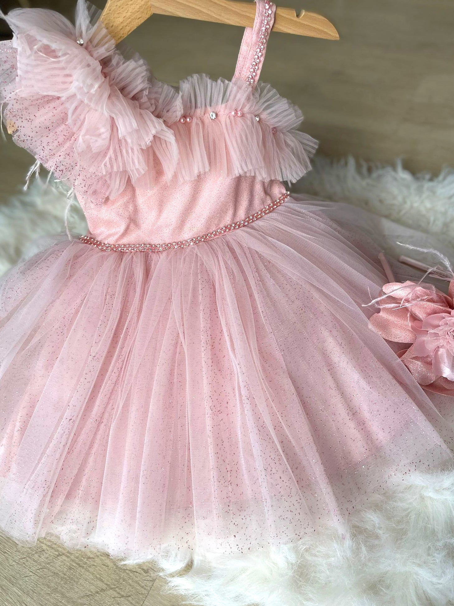 Rochie roz de ocazie pentru fete + bentiță CADOU (produs în stoc)
