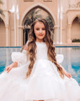 Rochie alba eleganta lunga cu trena si fulgi naturali pentru fete - Amal