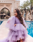 Rochie lila eleganta lunga cu trena din tulle pentru fete - Salma