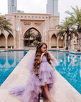 Rochie lila eleganta lunga cu trena din tulle pentru fete - Salma