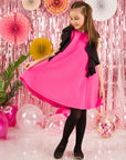 Rochie din stofa roz cu volane si fundite negre pentru fetite - Anda