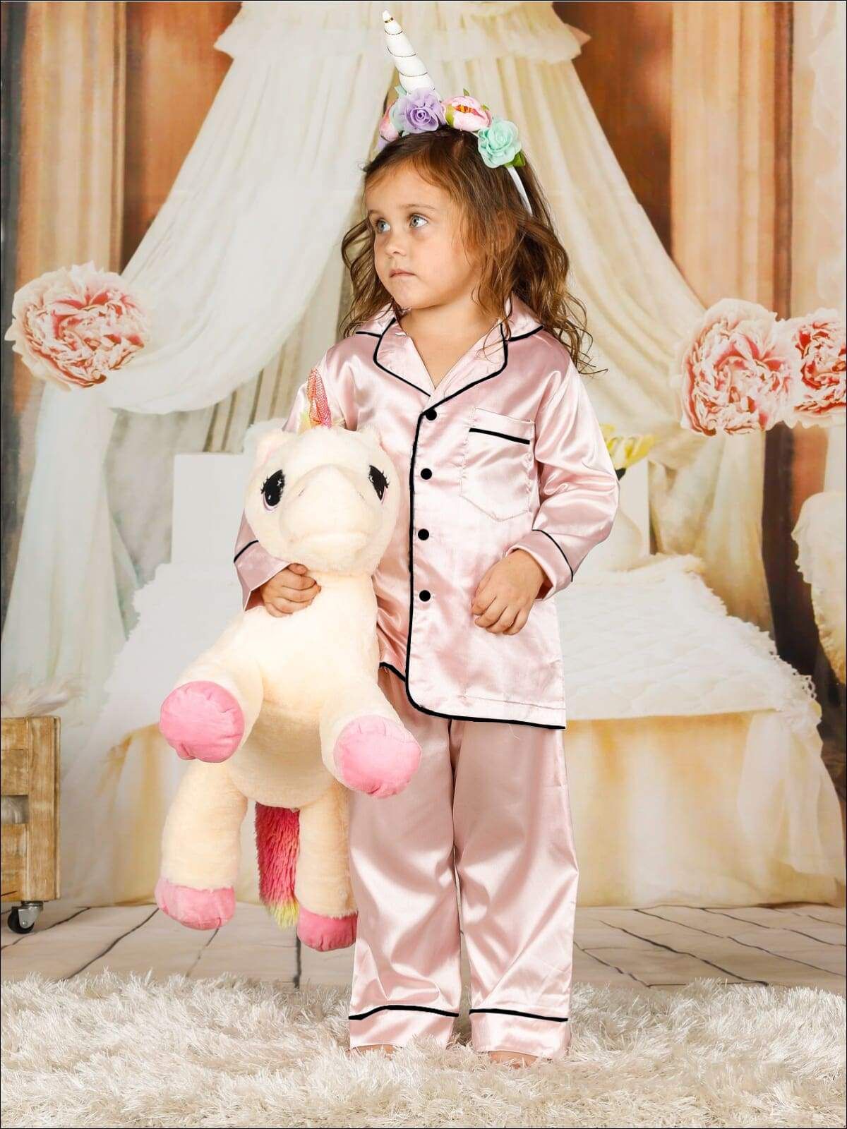 Pijama Fete, satin roz - Personalizare Broderie