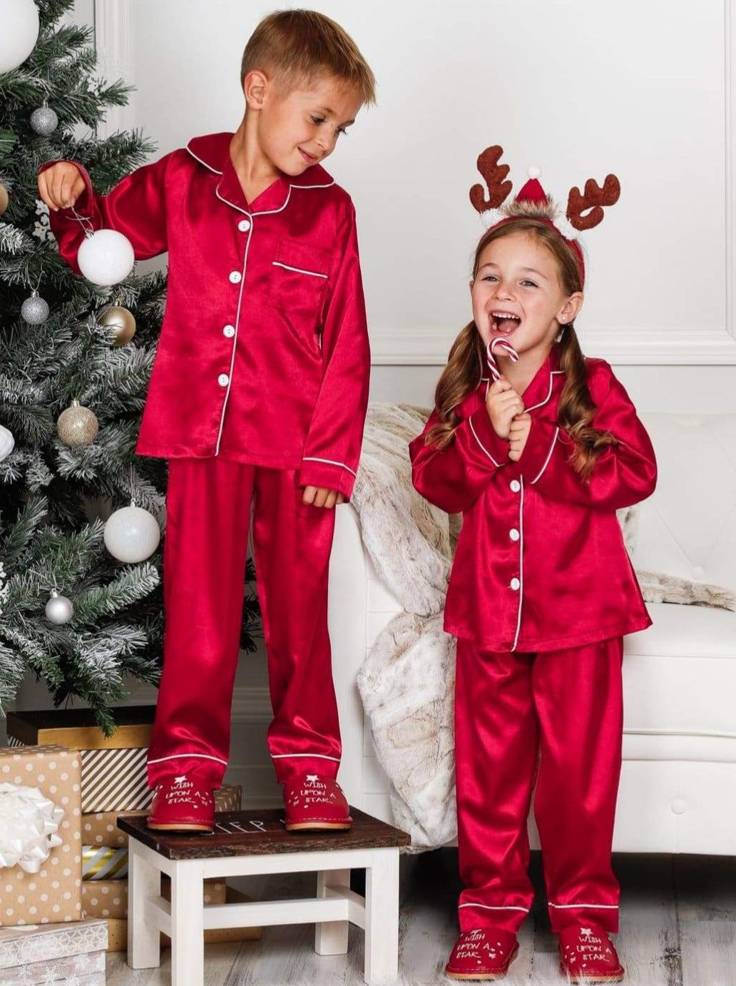 Pijama Copii, satin rosu  - Personalizare Broderie