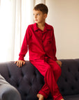 Pijama Copii, matase sintetica rosie - Personalizare Broderie