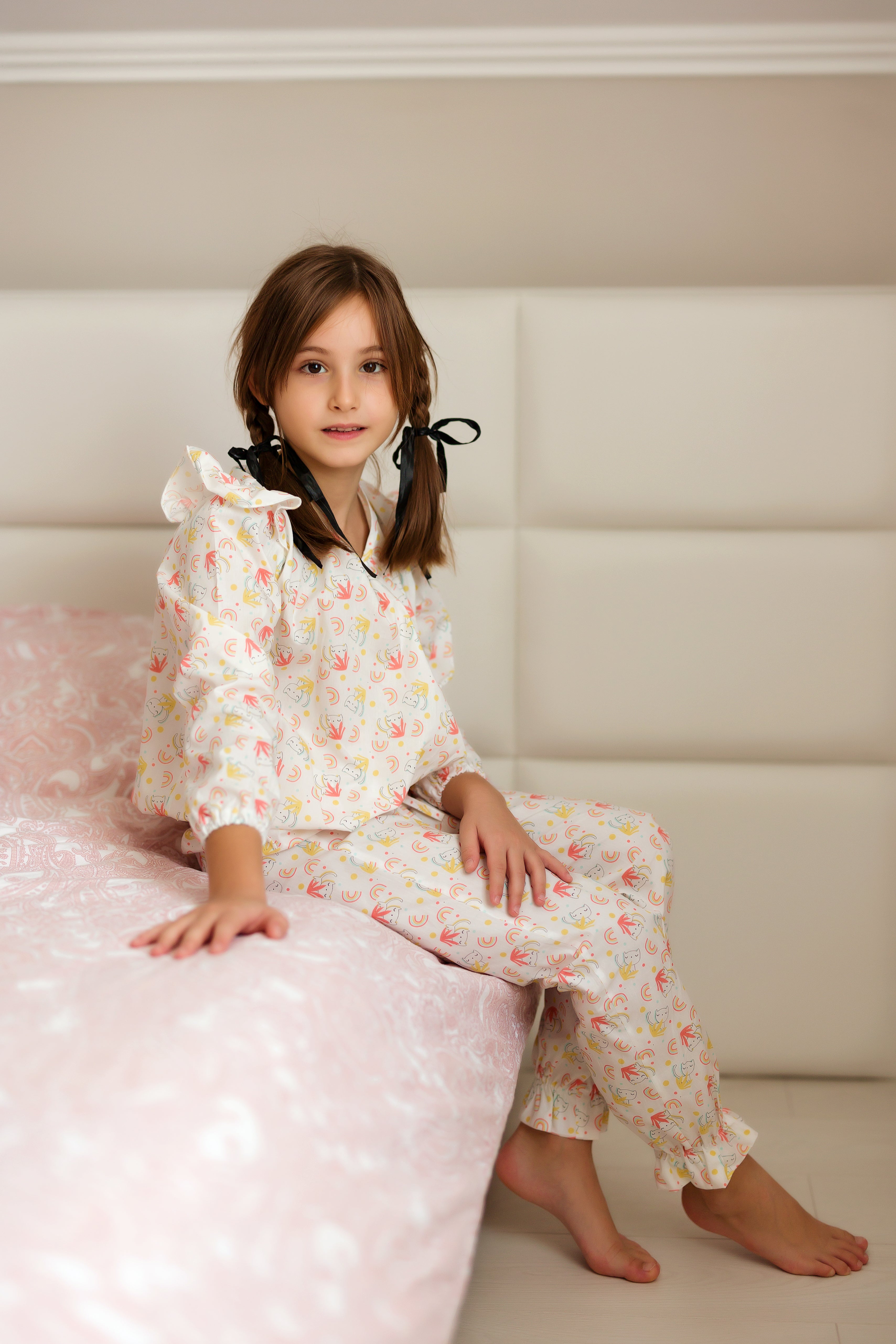 Pijama Fete, imprimeu cu pisicute - Personalizare Broderie