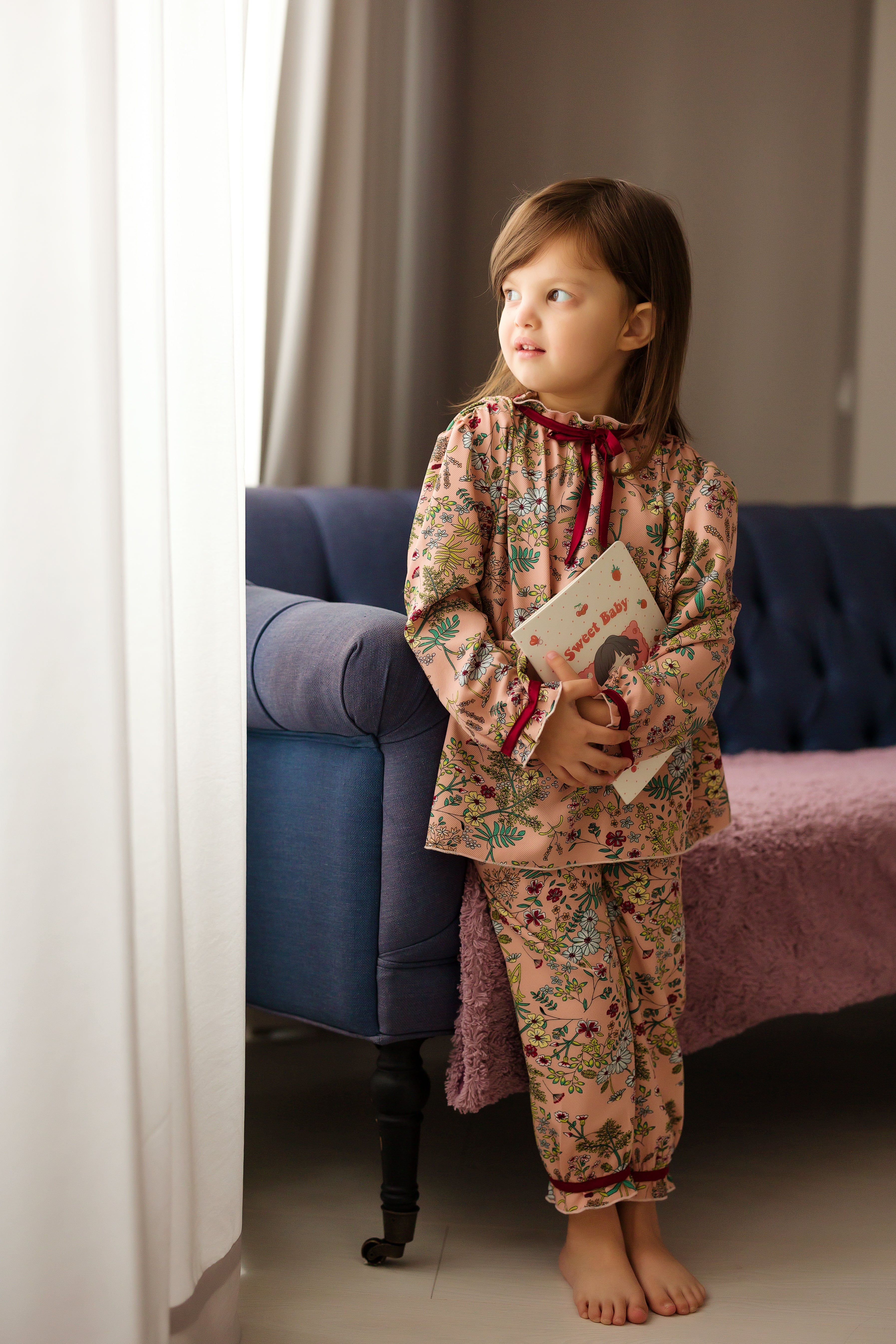 Pijama Eleganta Fete, imprimeu floral - Personalizare Broderie