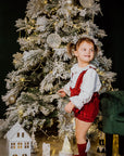 Salopeta copii, din catifea rosie si camasa alba din poplin - The little Elf