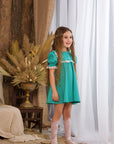 Rochie turquoise eleganta din in si dantela alba pentru fete - 9 ani - LIVRARE 24H