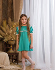 Rochie turquoise eleganta din in si dantela alba pentru fete - 9 ani - LIVRARE 24H
