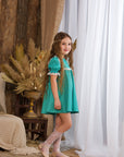 Rochie turquoise eleganta din in si dantela alba pentru fete - 9 ani - LIVRARE 24H