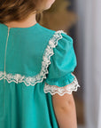 Rochie turquoise eleganta din in si dantela alba pentru fete - 9 ani - LIVRARE 24H