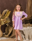 Rochie lila vintage din in pentru fete - 4-5 ani si 10 ani