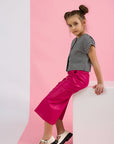 Compleu casual pantaloni evazati din piele ecologica fuchsia + bluza pentru fete - Doris